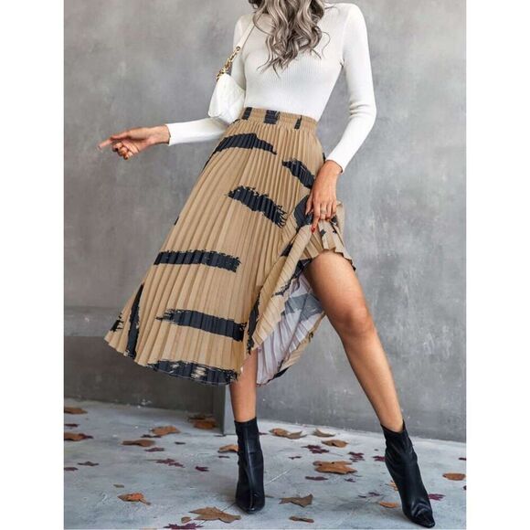 Brand New Shein Womens 4XL Neutral Skirt Pleated Paint Brushed Maxi Elastic Wais - Picture 1 of 16